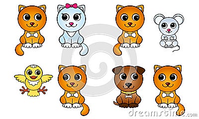 Set of cartoon red cat and other animals pairs Vector Illustration