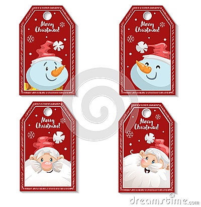 Set of cartoon red Christmas tag or label with laughing and smiling Santa Claus and snowmen. Xmas gift tag, invitation banner Vector Illustration