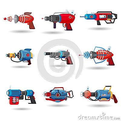 Set cartoon retro space blaster, ray gun, laser weapon. Vector illustration. Cartoon style Vector Illustration