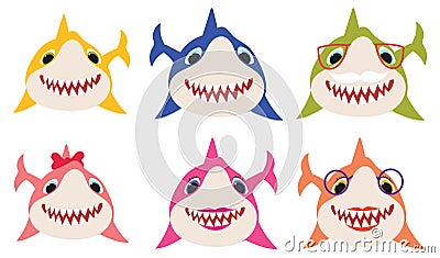 Set of cartoon shark family. Collection of stylized sharks for children. Vector illustration of cute predatory fish. Vector Illustration