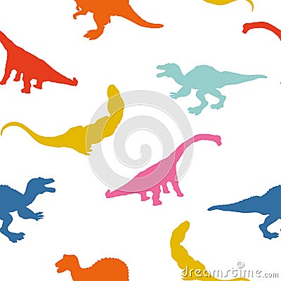 Set cartoon silhouette dinosaurus on seamless pattern isolated on white background. Vector Vector Illustration