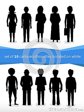 Set of 10 cartoon silhouettes on white Vector Illustration