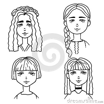 Set of cartoon sketches of cute girls. Doodle style illustration of girls portraits Vector Illustration