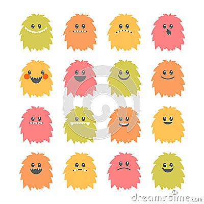 Set of cartoon smiley monsters. Collection of different cute and Vector Illustration