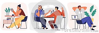 Set of cartoon smiling people listening and recording audio podcast or online show vector flat illustration. Joyful Vector Illustration