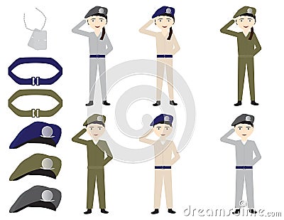 Set of cartoon soldiers, belts, hats and identity tag on White background Vector Illustration