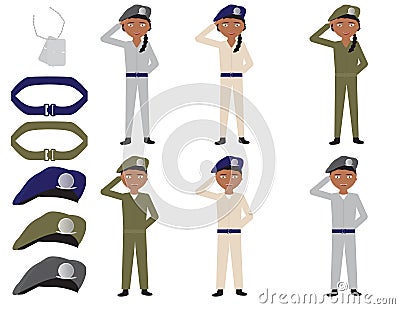 Set of cartoon soldiers, belts, hats and identity tag on White background Vector Illustration