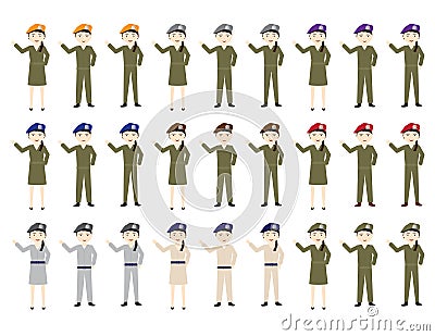 Set Of cartoon soldiers Females and males with hats in different colors Vector Illustration