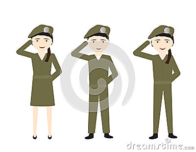 Set of cartoon soldiers with green uniforms saluting on White background Vector Illustration