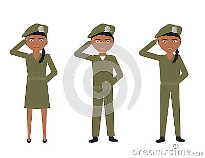 Set of cartoon soldiers with green uniforms saluting on White background Vector Illustration