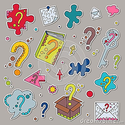 Set of Cartoon Stickers Colored Question Marks Vector Illustration