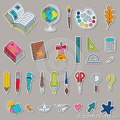 Set of Cartoon Stickers Colored School Stationery. Vector Illustration