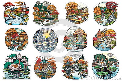 Set of cartoon stickers with illustrations of oriental Japanese autumn garden with a pond Cartoon Illustration