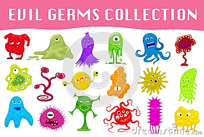 Set of cartoon style angry germs, viruses, microbes and monsters vector illustration. Vector Illustration