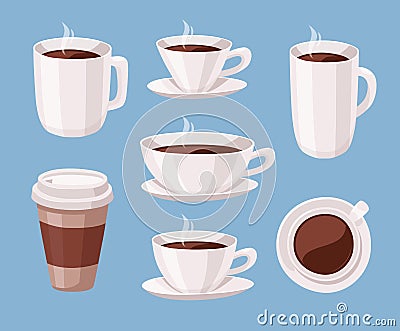 Set of Cartoon Style Coffee Cup. Vector Illustration Liquid Chocolate. Hand Drawn Caffeine Drinks Vector Illustration