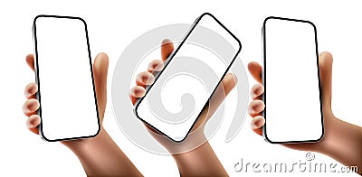 Set of cartoon-style hands holding a modern frameless smartphone with a blank screen Vector Illustration