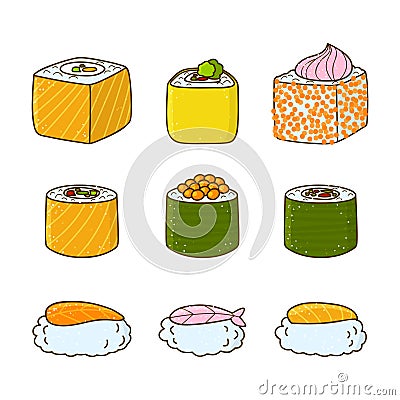 Set of cartoon sushi and rolls Vector Illustration