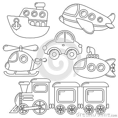 Set of cartoon transport icon. Car, submarine, ship, plane, train, helicopter Vector Illustration