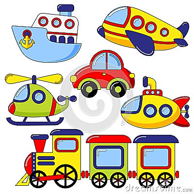 Set of cartoon transport icon. Car, submarine, ship, plane, train, helicopter Vector Illustration