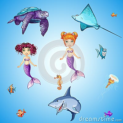 Set of cartoon underwater inhabitants, mermaids, fish, skulls and other Vector Illustration