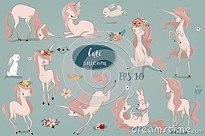 Set with Cartoon Unicorns and hare Vector Illustration