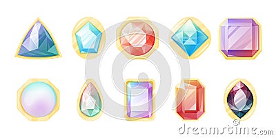 Set of cartoon vector multi-colored faceted gemstones of different shapes in a gold setting. Vector Illustration