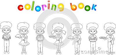 Set of cartoon waiter, cook and chef. Coloring book for kids Vector Illustration