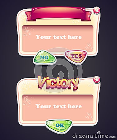 Set of cartoon windows game interface with buttons Yes, No and window victory Vector Illustration