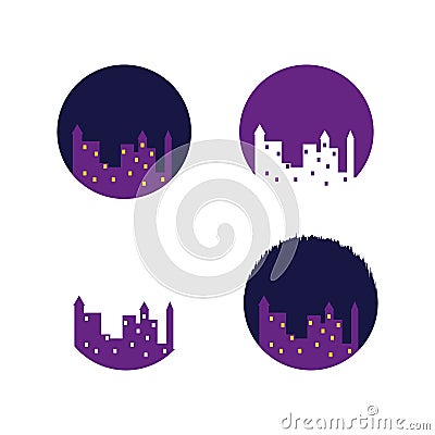 Set of cartoony house silhouettes. Night city. Vector illustration. Vector Illustration