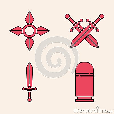 Set Cartridges, Japanese ninja shuriken, Crossed medieval sword and Medieval sword icon. Vector Vector Illustration