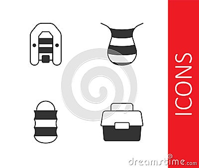 Set Case or box for fishing, Inflatable boat with motor, Fishing net and icon. Vector Vector Illustration