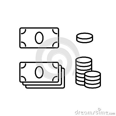 Set of cash icon. Linear paper money, stack of coins. Black illustration of banknotes, metal coins, dollars for bank design. Vector Illustration