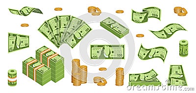 Set of cash paper money. Various kind of money. Money Packing in bundles. Flying bank notes. Gold coins. Bills and money. Gold Vector Illustration