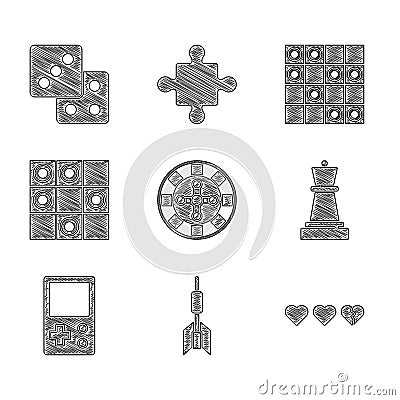 Set Casino roulette wheel, Dart arrow, Hearts for game, Chess, Tetris, Board of checkers, and Game dice icon. Vector Vector Illustration