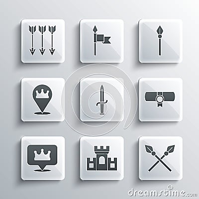 Set Castle, fortress, Crossed medieval spears, Decree, parchment, scroll, Dagger, Location king crown, arrows and Vector Illustration