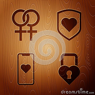 Set Castle in the shape of a heart, Female gender symbol, Mobile phone with heart and Heart with shield on wooden Vector Illustration
