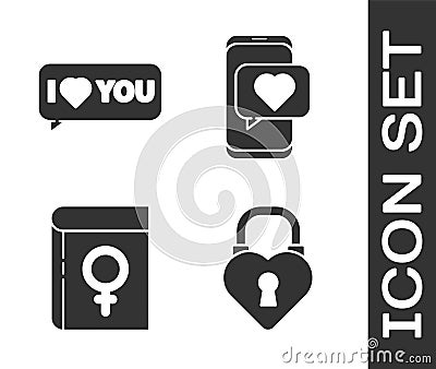 Set Castle in the shape of a heart, Speech bubble with I love you, Book about women and Online dating app and chat icon Vector Illustration