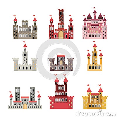 Set of castles of fairy tales in white background Vector Illustration