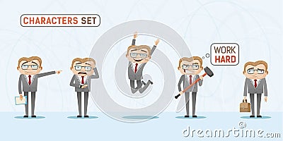 Set of casual emotions and expressions of businessman in office. Casual office look character. Vector Illustration