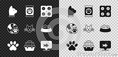 Set Cat, Bag of food for pet, Dog pill, Paw print, Pet carry case, Fish, World and icon. Vector Vector Illustration