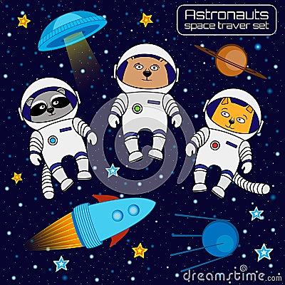 Set of cat, bear and raccoon astronauts cosmonauts rocket, ufo, Vector Illustration