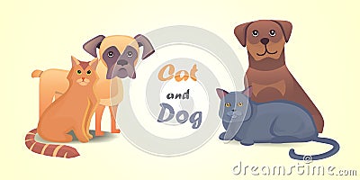 Set cat and dog together cartoon vector characters. Best friend happy pets. Fanny home animals lovely Vector Illustration