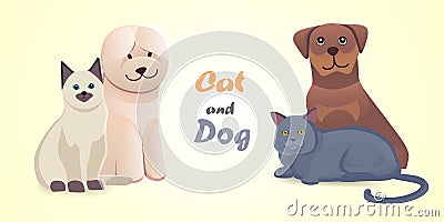 Set cat and dog together cartoon vector characters. Best friend happy pets. Fanny home animals lovely isolated Vector Illustration