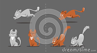 Set of cat poses. Kitten plays, jumps on a smart vacuum cleaner. Vector Illustration