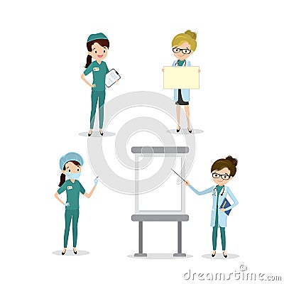 Set of caucasian female doctors and nurses,different poses Vector Illustration