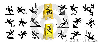 Set of caution symbols with stick figure man falling. Falling down the stairs and over the edge. Wet floor, tripping on stairs. Wo Cartoon Illustration