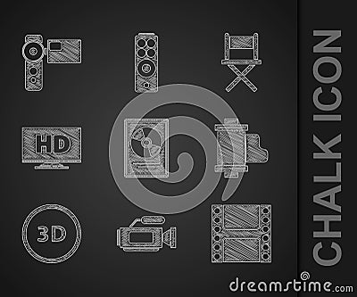 Set CD disk award in frame, Cinema camera, Play Video, Camera vintage film roll cartridge, 3D word, Smart display with Vector Illustration
