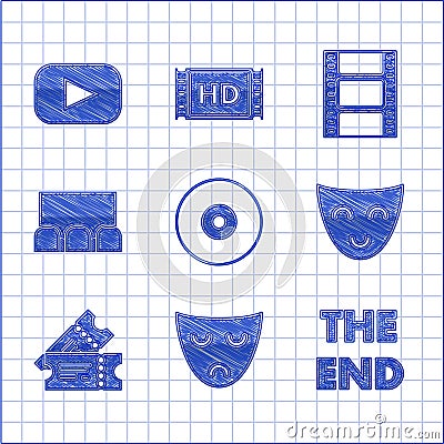 Set CD or DVD disk, Drama theatrical mask, The End handwritten inscription, Comedy, Cinema ticket, , Play Video and icon Vector Illustration