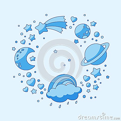 Set of celestial bodies: crescent, planets, stars, cloud with rainbow, comet and hearts. Vector Illustration