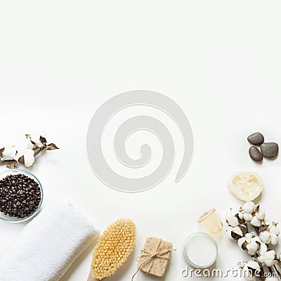 Set for cellulite removal, coffee beans, coconut oil, cotton, vacuum jar on white background. Copy space. Spa concept Stock Photo